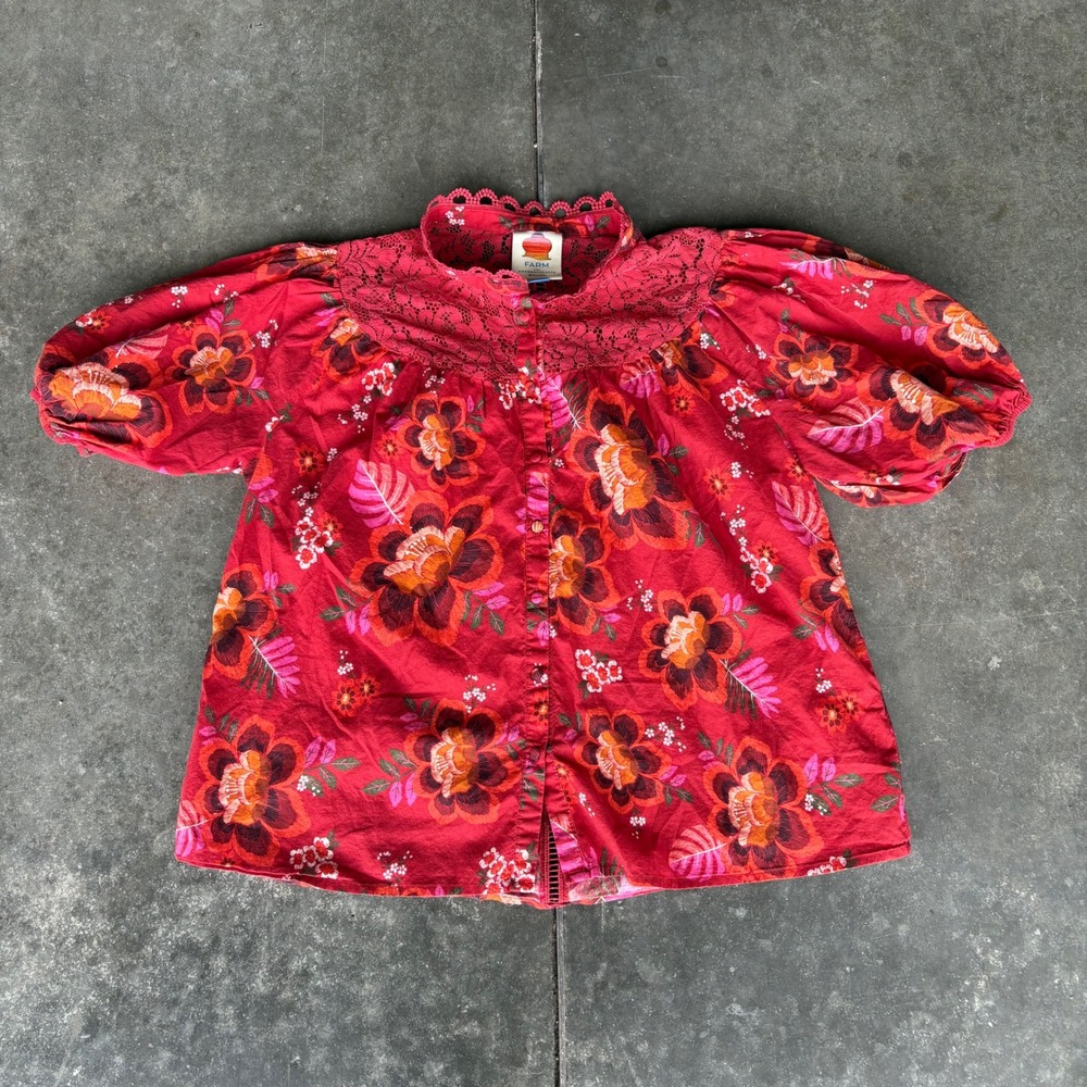 Farm Rio Giustina Button Up Lace Blouse Womens Large Red Floral Puff Sleeve Boho